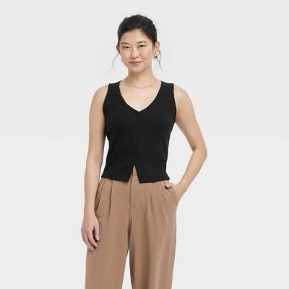 a new day Black Ribbed V-Neck Button Front Tank